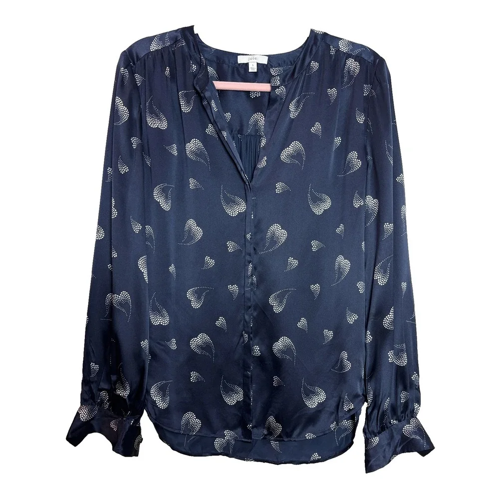 Joie Heart Mintee‎ Silk Button-Front Blouse in Navy Blue Size Women's Small Top
